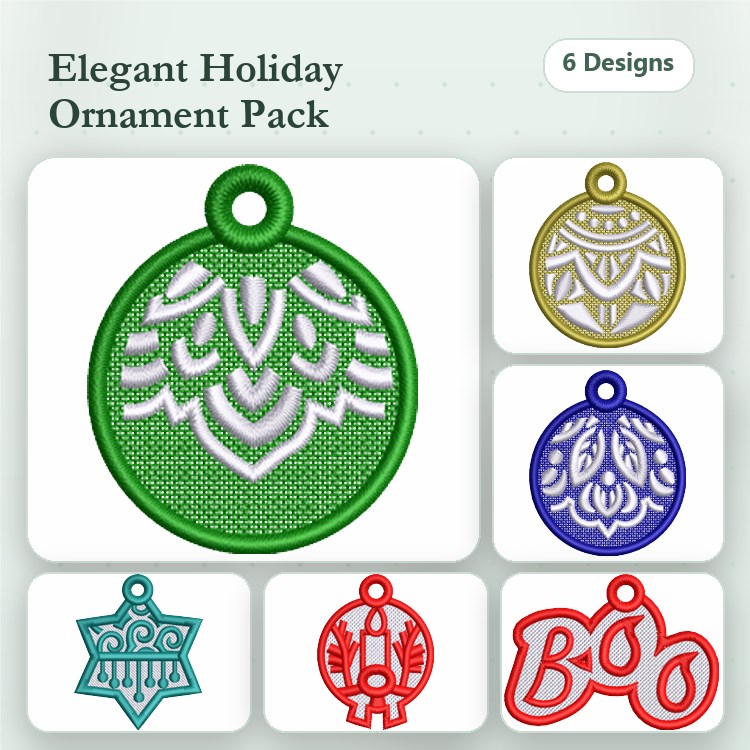 FSL Holiday Ornament Embroidery Designs Bundle – Green Lace Ornament, Gold Lace Ornament, Star Ornament & More (6 Designs)