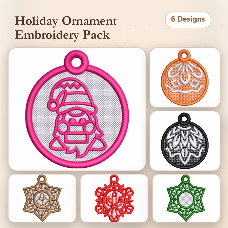 FSL Holiday Ornaments Embroidery Bundle – Santa Hat, Christmas Bell, Snowflake & More (6 Designs)