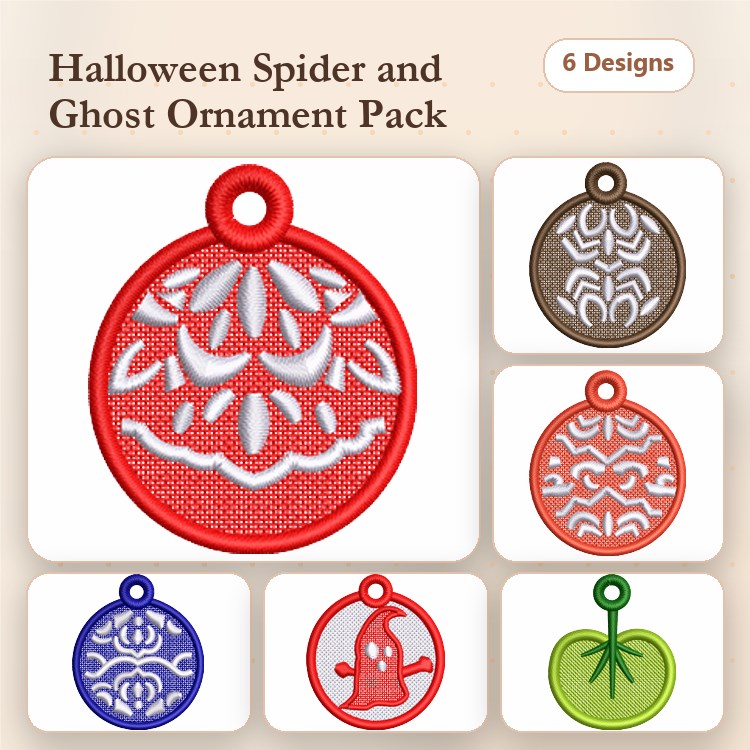 FSL Halloween Ornaments Embroidery Designs Bundle – Spider, Ghost, Pumpkin & More (6 Designs)