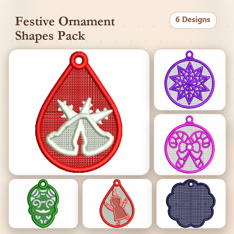 FSL Festive Ornaments Embroidery Designs Bundle – Bell, Snowflake, Reindeer & More (6 Designs)