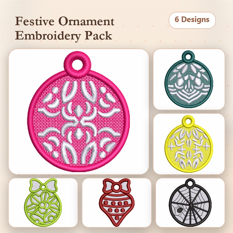 FSL Festive Ornament Embroidery Bundle – Floral, Owl, Heart & More (6 Designs)