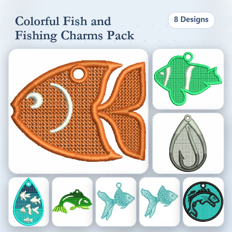 FSL Fish & Fishing Charms Embroidery Designs Bundle – Fish Charm in Orange, Fishing Hook Charm, & More (8 Designs)