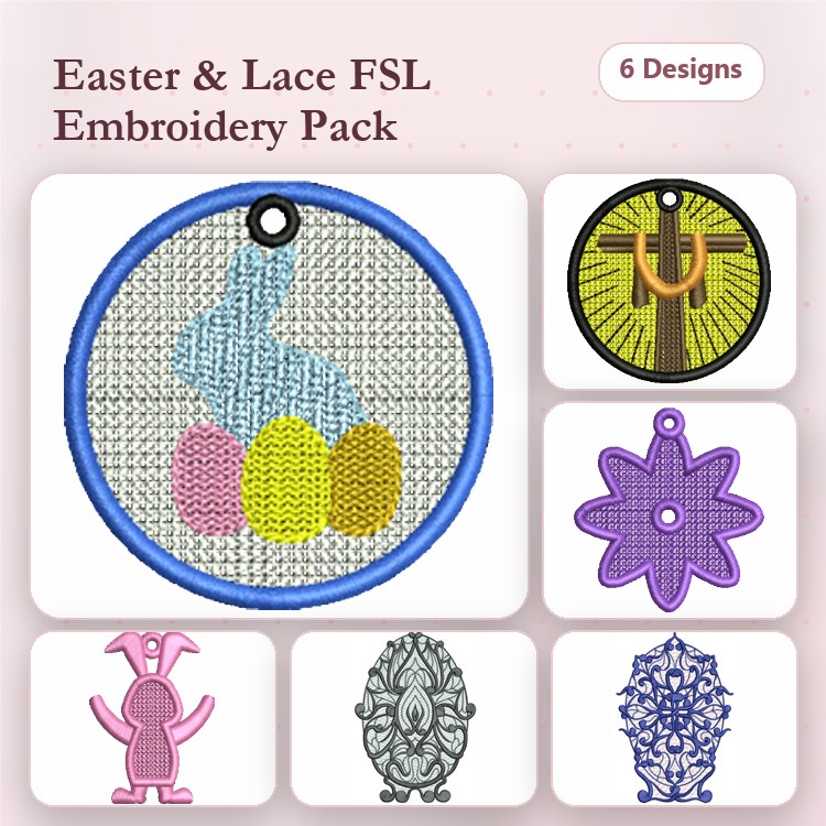 FSL Easter Lace Embroidery Designs Bundle – Easter Bunny with Eggs, Cross, Flower Shape & More (6 Designs)
