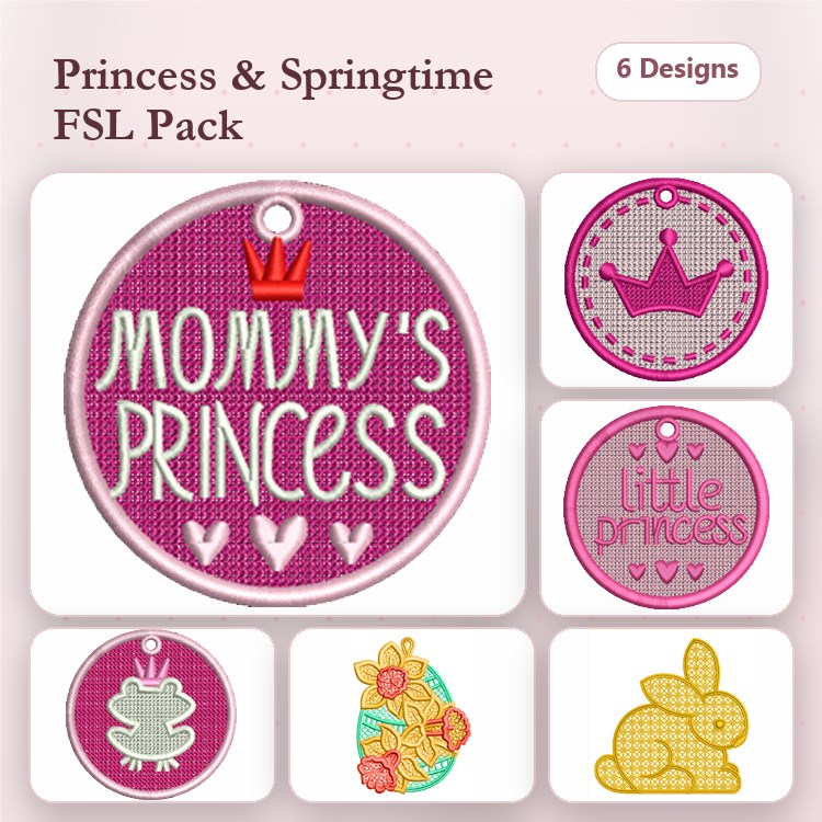 FSL Princess & Springtime Embroidery Designs Bundle – Crown Ornament, Frog Ornament, Easter Bunny & More (6 Designs)