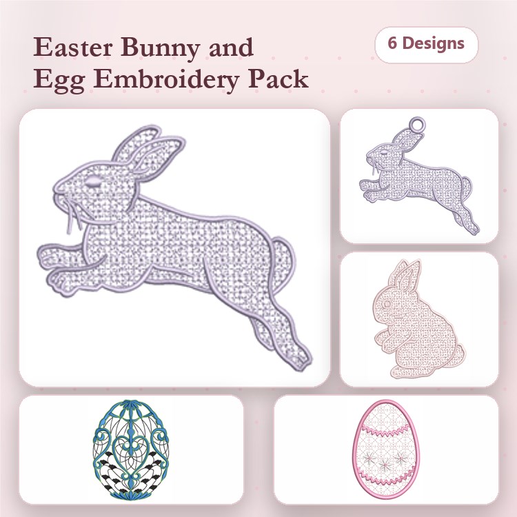 FSL Easter Bunny & Egg Embroidery Designs Bundle – Bunny Ornament, Jumping Bunny, & Decorative Egg (6 Designs)
