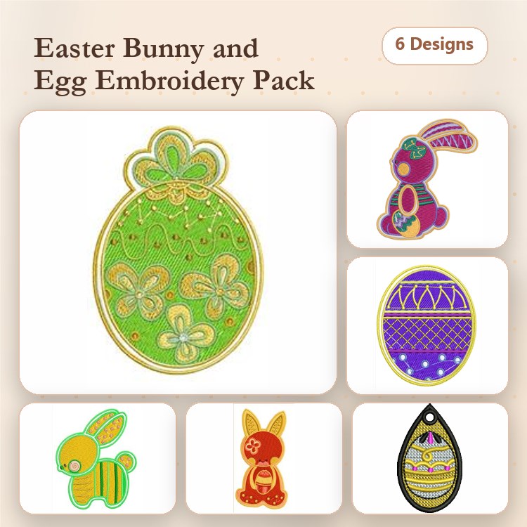 FSL Easter Bunny & Egg Embroidery Designs Bundle – Easter Bunny Ornament, Easter Egg with Flowers & More (6 Designs)