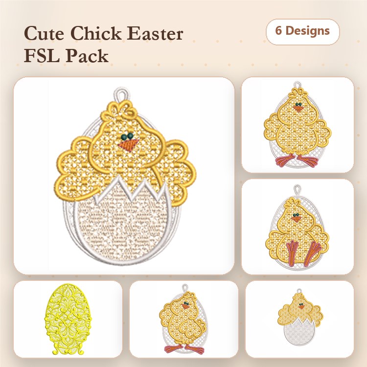 FSL Easter Chick Embroidery Designs Bundle – Chick with Egg, Yellow Easter Chick, Chick Peeking from Egg & More (6 Designs)
