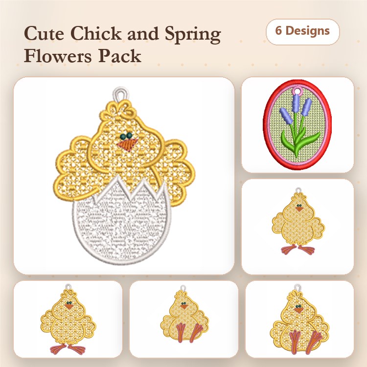 FSL Cute Chick and Spring Flowers Embroidery Bundle – Chick with Egg, Spring Flowers Egg & More (6 Designs)
