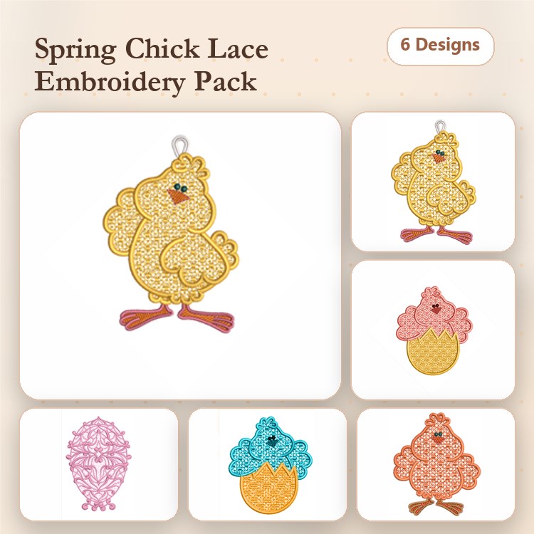 FSL Spring Lace Embroidery Designs Bundle – Chick, Ice Cream, Flower & More (6 Designs)