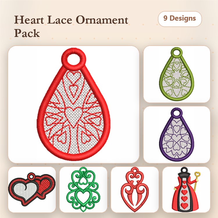 FSL Heart Lace Ornaments Embroidery Bundle – Heart Lace Ornament - Red, Heart Lace Ornament - Green, Ornamental Heart Design - Red & More (9 Designs)