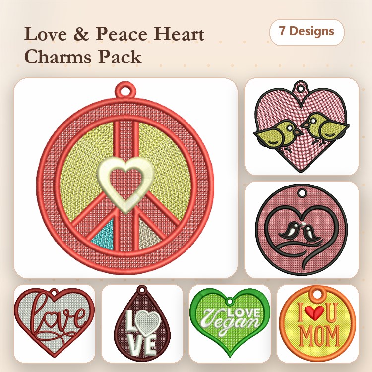 FSL Love and Peace Charms Embroidery Designs Bundle – Peace Heart, Vegan Love Heart, Birds in Heart & More (7 Designs)