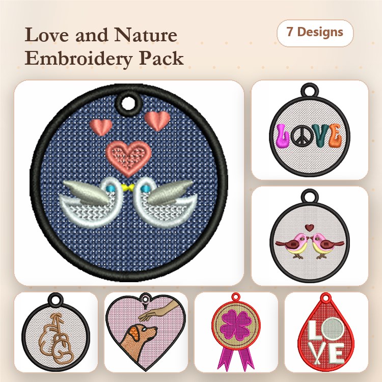 FSL Love and Nature Embroidery Designs Bundle – Swans with Hearts, Peace Symbol, Birds with Hearts & More (7 Designs)