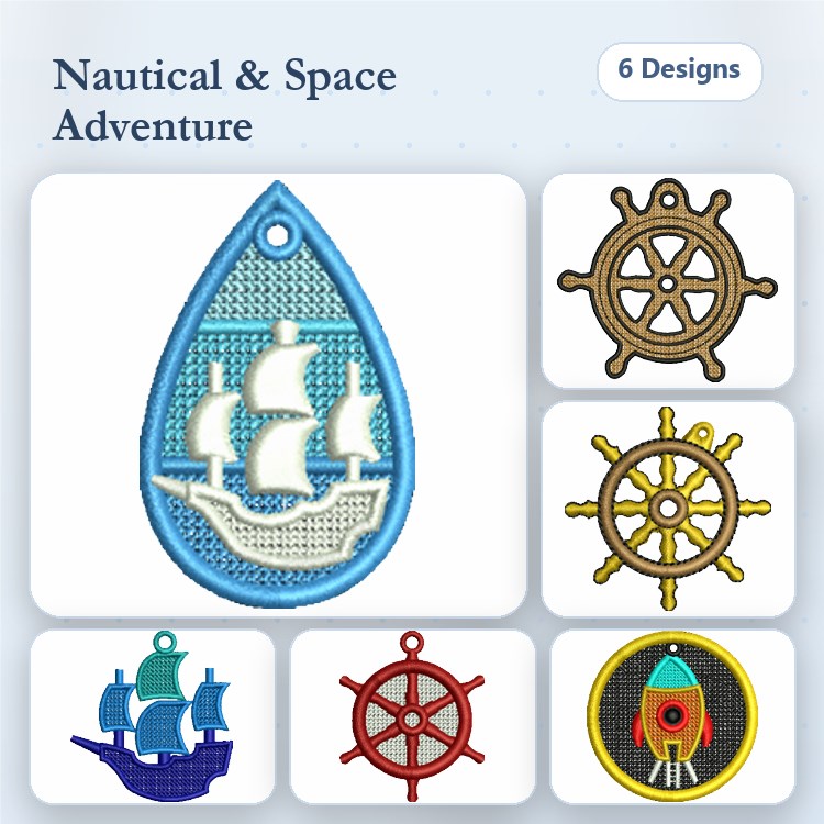 FSL Nautical & Space Embroidery Designs Bundle – Sailing Ship, Ship Wheel, Rocket Ship & More (6 Designs)