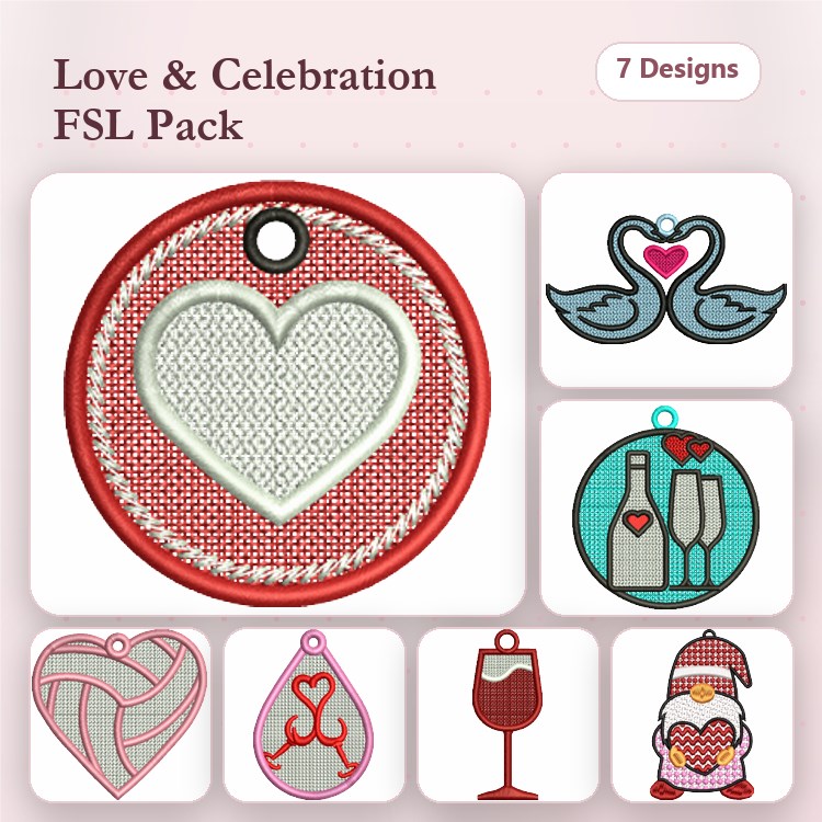 FSL Love and Celebration Embroidery Designs Bundle – Heart Ornament, Swan Pair, Champagne Bottles & More (7 Designs)