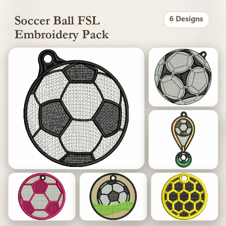 FSL Soccer Ball Ornament Embroidery Designs Bundle – Black, White, Red, Green & More (6 Designs)