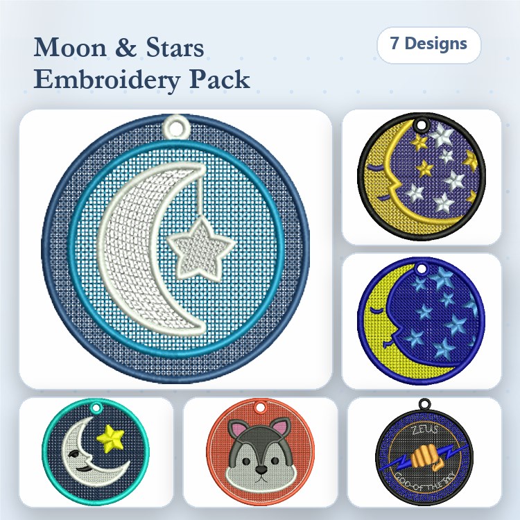 FSL Moon & Stars Embroidery Designs Bundle – Moon Ornament, Star Ornament, Wolf Ornament & More (7 Designs)