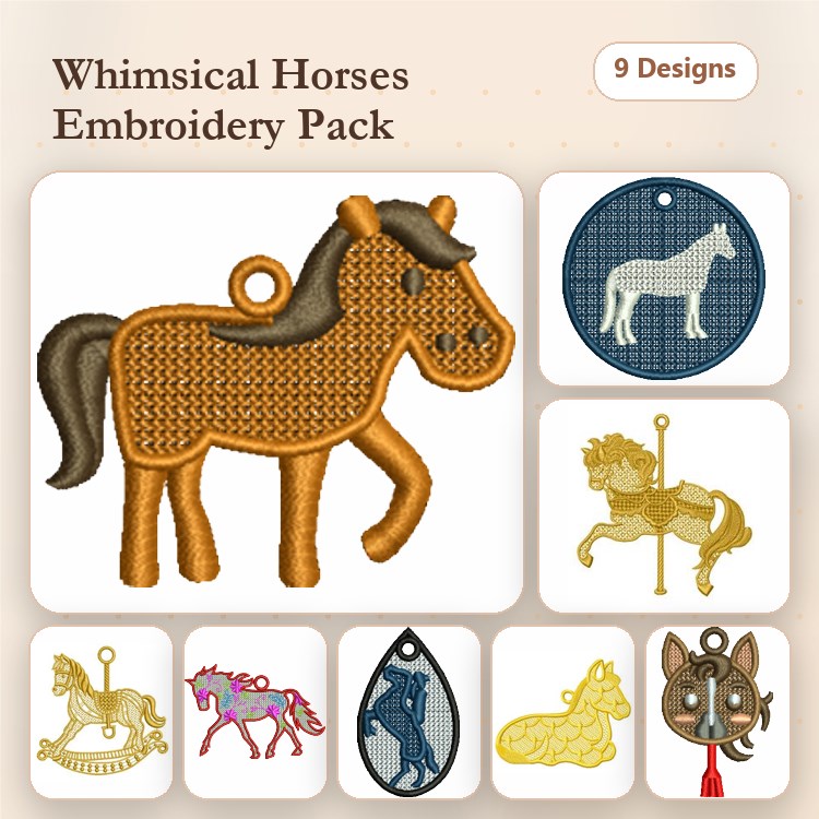 FSL Horses Embroidery Designs Bundle – Horse Ornament, Jumping Horse, Pinto Horse & More (9 Designs)