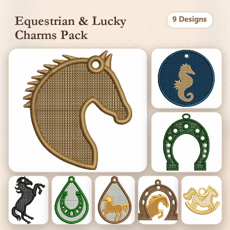 FSL Equestrian & Lucky Charms Embroidery Designs Bundle – Horse Head, Seahorse, Horseshoe & More (9 Designs)