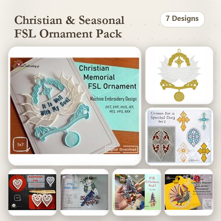 FSL Christian-themed Ornaments Embroidery Bundle – Angel, Dove, Heart & More (7 Designs)