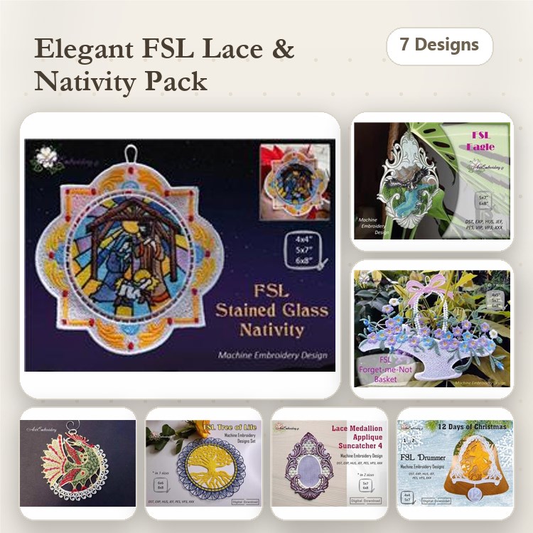 FSL Elegant Nativity Embroidery Designs Bundle – Stained Glass Nativity, Lace Angel, Holiday Star & More (7 Designs)