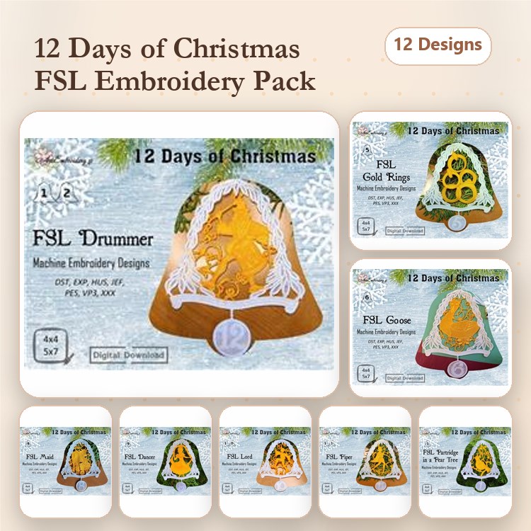 FSL 12 Days of Christmas Embroidery Designs Bundle – Drummer, Gold Ring, Goose & More (12 Designs)