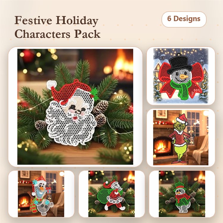 FSL Festive Holiday Characters Embroidery Designs Bundle – Snowman, Santa, Elf, Reindeer & More (6 Designs)