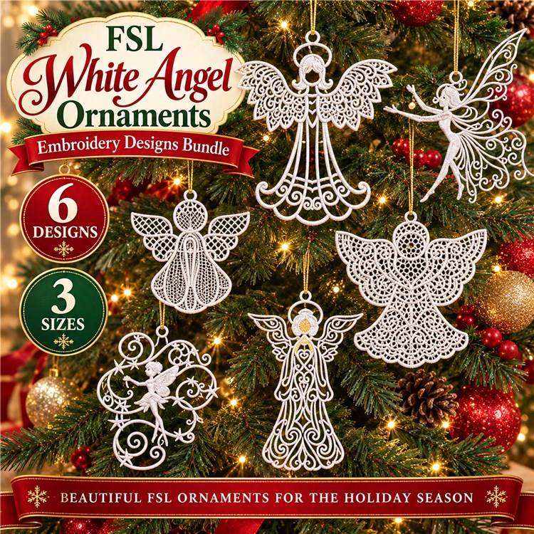 FSL White Angel Ornaments Embroidery Designs Bundle – Angel with Wings, Floral Angel Ornament, & More (6 Designs)