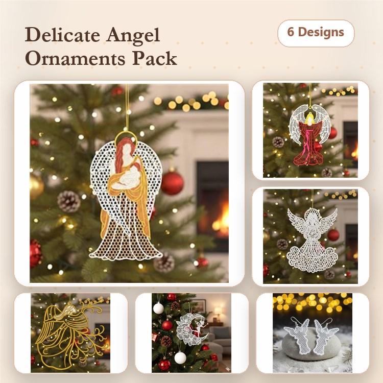 FSL Angel Ornaments Embroidery Designs Bundle – Angel with Wings, Red Angel, White Angel & More (6 Designs)