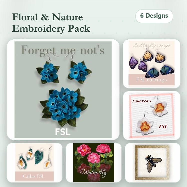 FSL Floral and Nature Embroidery Designs Bundle – Forget-me-nots, Calla Lily, Butterfly & More (6 Designs)