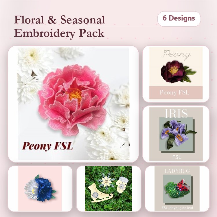 FSL Floral Lace Embroidery Designs Bundle – Peony, Iris, Ladybug & More (6 Designs)