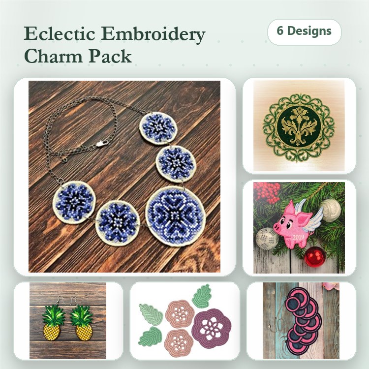 FSL Eclectic Embroidery Charms Bundle – Floral Charm with Blue Center, Pineapple Charm, Pink Pig Charm & More (6 Designs)