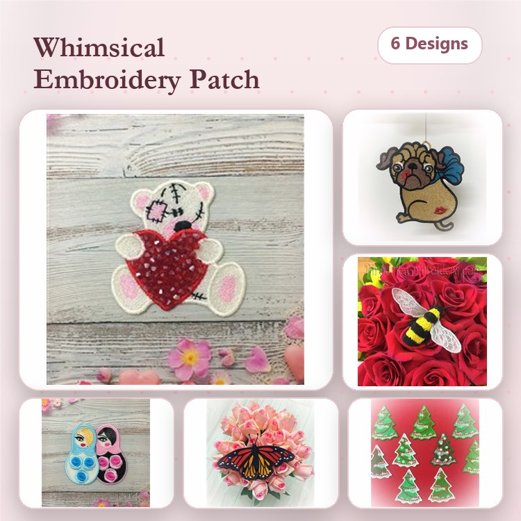 FSL Whimsical Patches Embroidery Designs Bundle – Bear Holding Heart, Pug Dog, Bee & More (6 Designs)