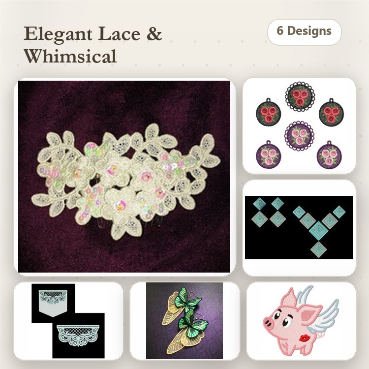 FSL Lace Embroidery Designs Bundle – Floral Lace, Skull, Ice Cream Cone & More (6 Designs)