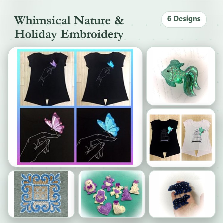 FSL Whimsical Nature & Holiday Embroidery Designs Bundle – Butterfly, Fish, Lace Flower & More (6 Designs)