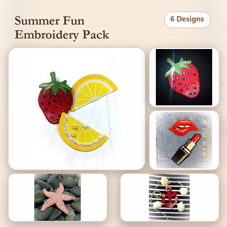 FSL Summer Fruit & Lipstick Embroidery Designs Bundle – Strawberry, Lemon Slice, Starfish & More (6 Designs)