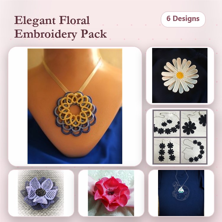 FSL Floral Embroidery Designs Bundle – Lace Flower Necklace, Daisy Ornament, Purple Floral Brooch & More (6 Designs)