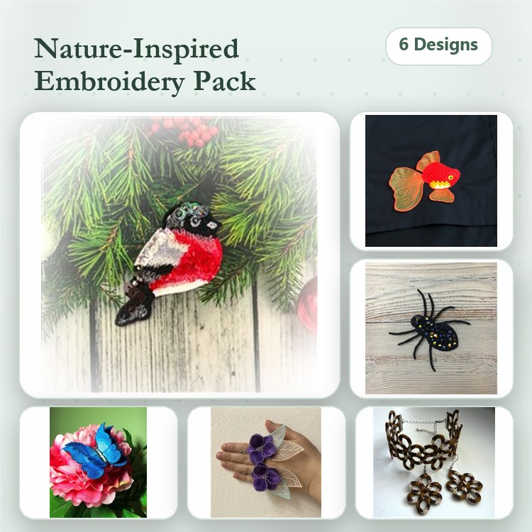 FSL Nature-Inspired Embroidery Designs Bundle – Butterfly Ornament, Spider Ornament, Leaf Applique & More (6 Designs)