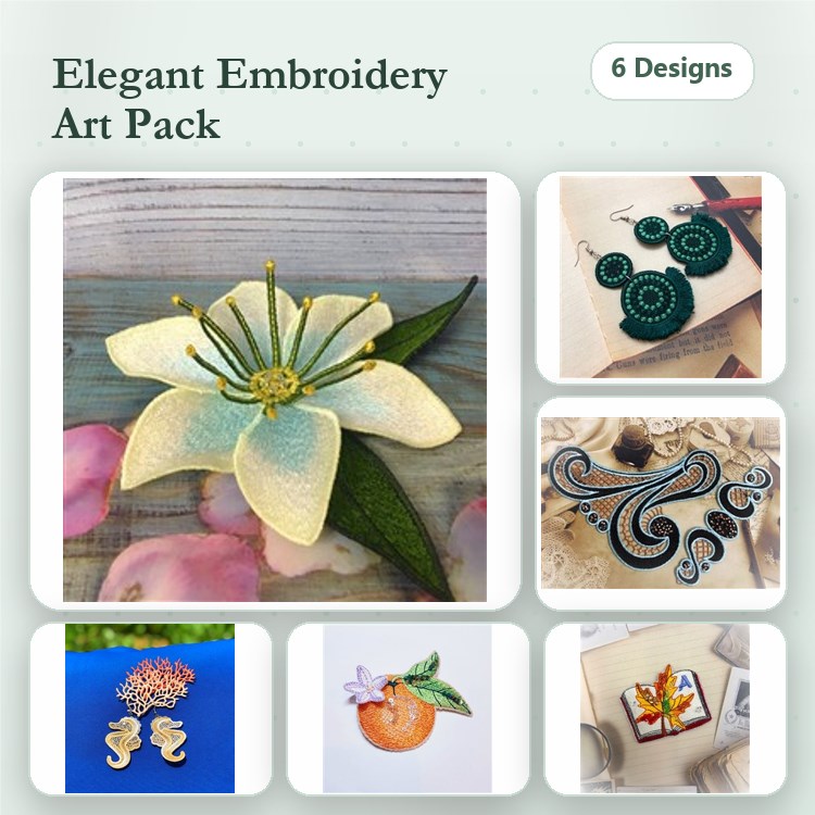 FSL Elegant Embroidery Designs Bundle – Floral Lace, Green Swirl Earrings, Ornate Swirls & More (6 Designs)
