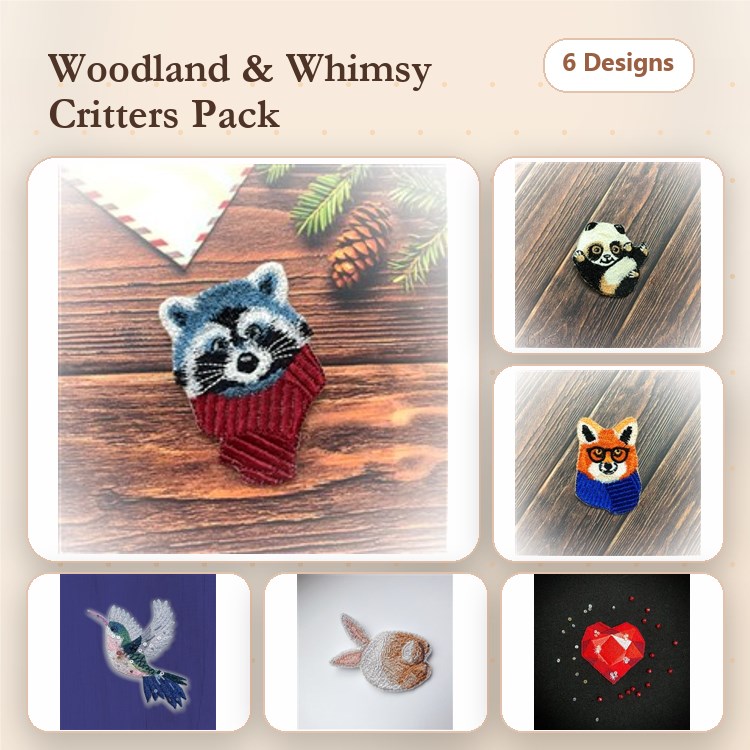 FSL Woodland Animals Embroidery Designs Bundle – Raccoon with Sweater, Panda Face, Fox Face & More (6 Designs)