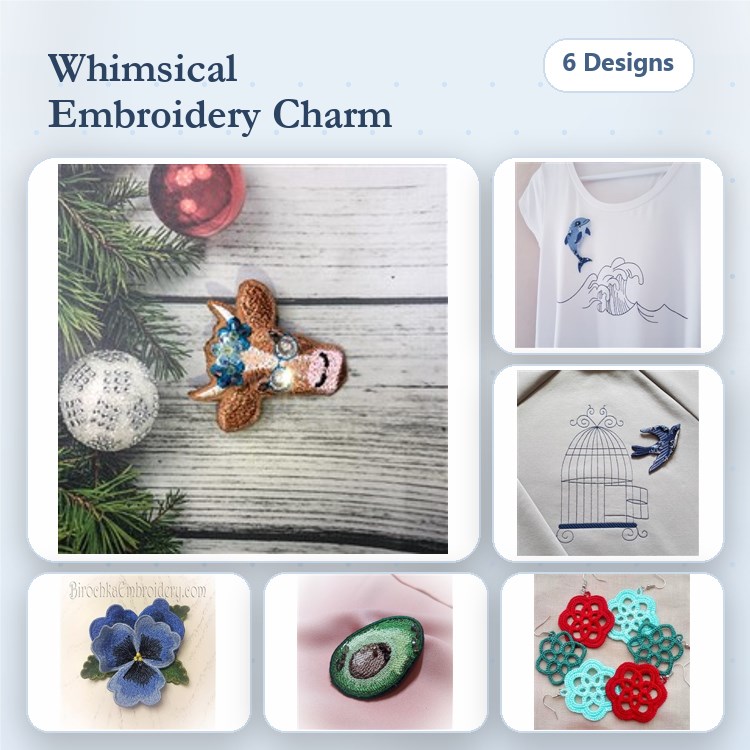 FSL Whimsical Charms Embroidery Bundle – Deer Ornament, Birdcage Design, Blue Floral Applique & More (6 Designs)