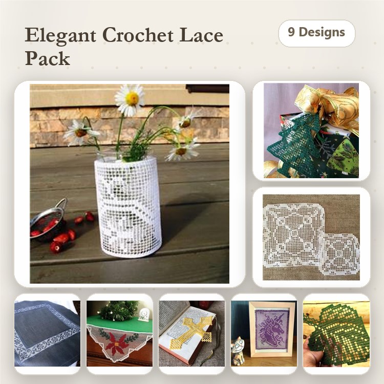 FSL Elegant Crochet Lace Embroidery Designs Bundle – Lace Flower Vase, Decorative Lace Doily, Lace Coaster & More (9 Designs)