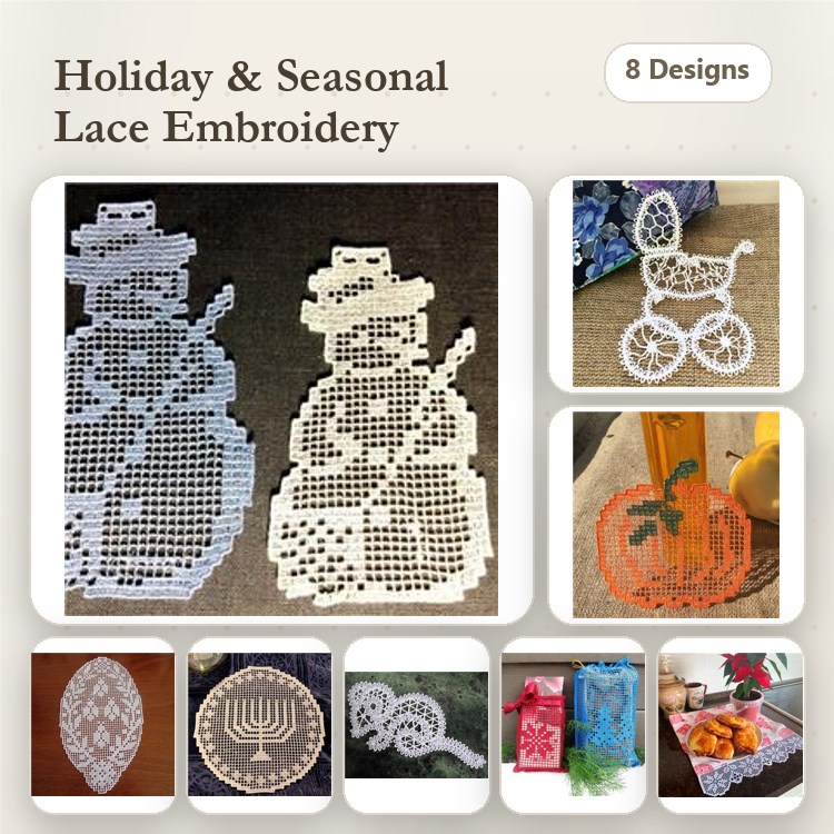 FSL Holiday Lace Embroidery Designs Bundle – Snowman, Pumpkin, Menorah & More (8 Designs)