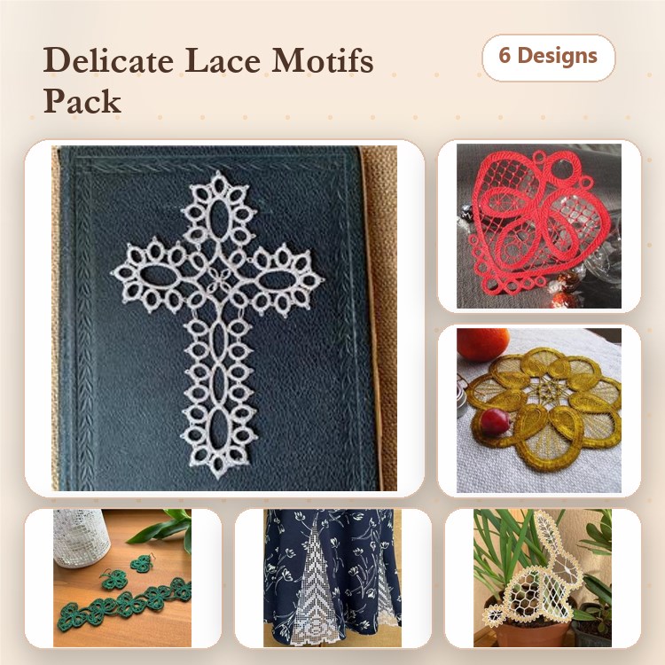 FSL Delicate Lace Embroidery Bundle – Lace Cross, Lace Heart, Lace Flower & More (6 Designs)