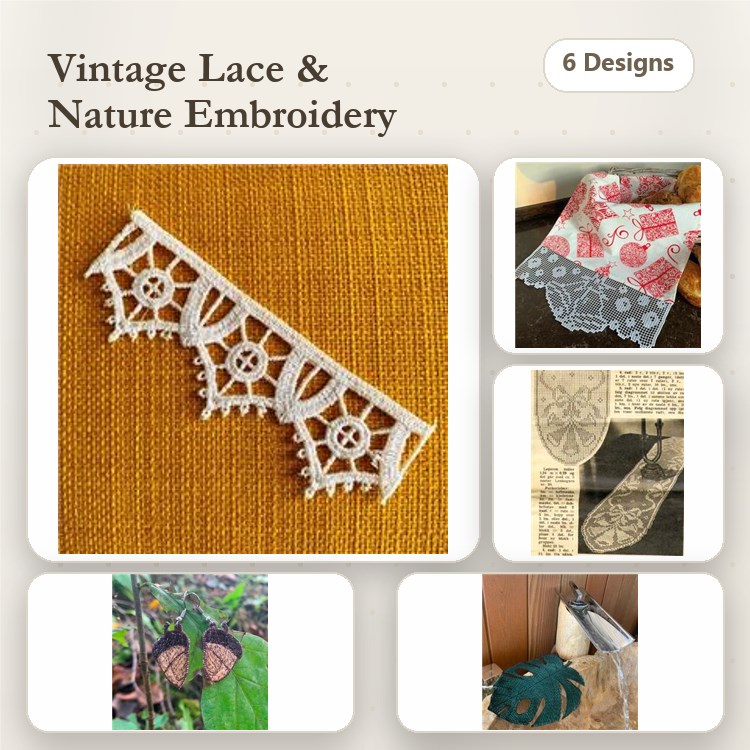 FSL Vintage Lace & Nature Embroidery Designs Bundle – Lace Trim, Butterfly Lace, Leaf Motif & More (6 Designs)