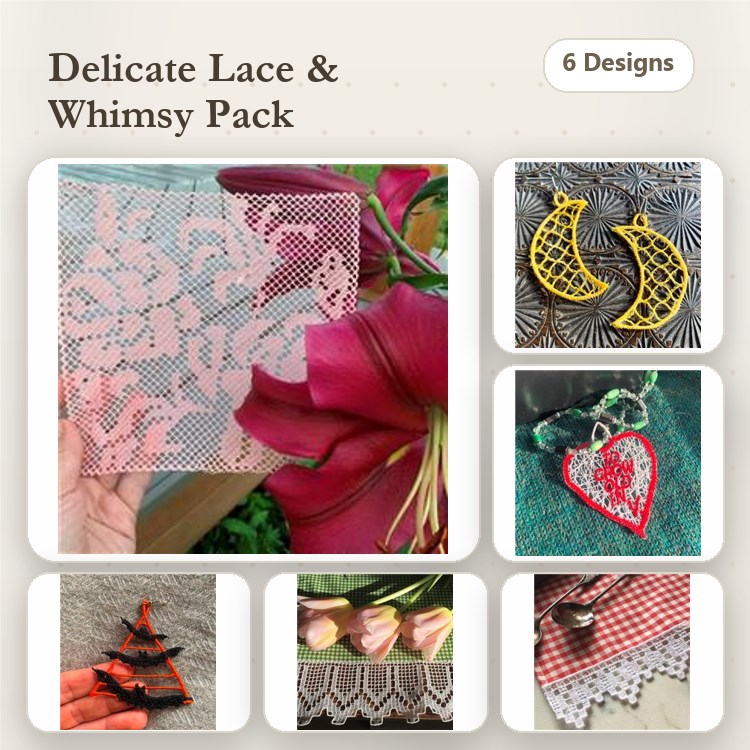 FSL Delicate Lace Embroidery Bundle – Lace Flower Ornament, Lace Heart, Lace Christmas Tree & More (6 Designs)