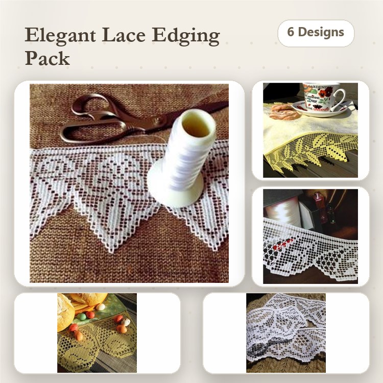 FSL Elegant Lace Edging Embroidery Designs Bundle – Leaf Motif, Floral Design, Geometric Patterns & More (6 Designs)
