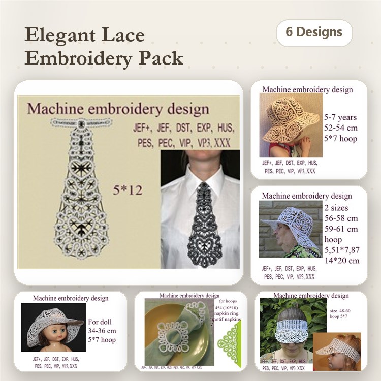 FSL Elegant Lace Embroidery Designs Bundle – Lace Bell Ornament, Lace Doily, Lace Hat & More (6 Designs)