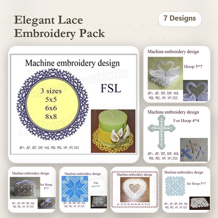 FSL Elegant Lace Embroidery Designs Bundle – Lace Doily, Lace Cross, Snowflake Design & More (7 Designs)