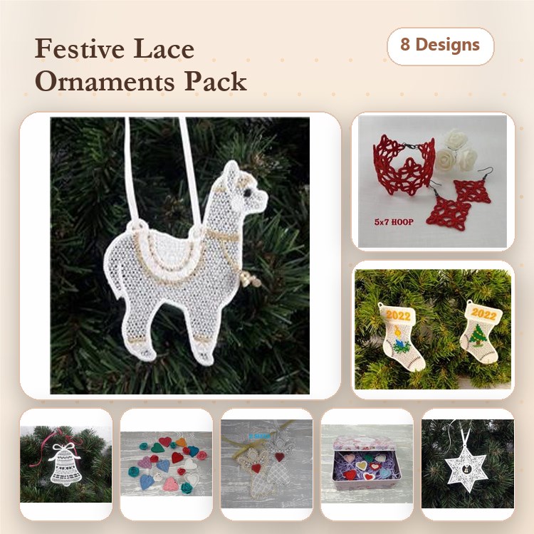 FSL Festive Lace Ornaments Embroidery Designs Bundle – Llama, Star, Christmas Stocking & More (8 Designs)
