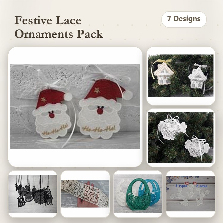 FSL Festive Lace Ornaments Embroidery Designs Bundle – Santa, Lace House, Snowflake & More (7 Designs)